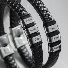 "Introducing our exquisite Personalized Bracelet with Kids' Names - a true embodiment of the bond between a father and his children. Crafted with meticulous attention to detail, this leather bracelet not only elevates your style but also encapsulates the essence of the precious relationships that shape your world. Immerse yourself in a journey of meaningful self-expression with a bracelet that tells a story close to your heart. The sleek black leather serves as a sophisticated backdrop for the n Cheap Personalized Bracelets For Father's Day, Affordable Engraved Name Bracelet For Father's Day, Dad Bracelet, Leather Bracelet For Men, Personalized Bracelet, Kids Names, Engraved Bracelet, Bracelet For Men, Name Bracelet