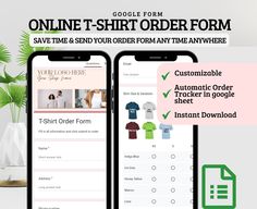 two smartphones with the text online t - shirt order form on them and an image of