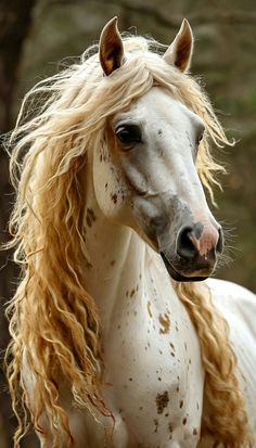 a white and brown horse with long blonde hair