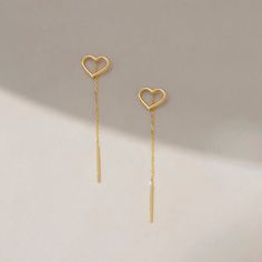 There is no better way to express your love. Find the long line that connects your heart to hers. Choose a special day to celebrate your love, whether it's a birthday, an anniversary, or simply a regular Friday. D E T A I L S * Made to Order. * 100% 14k Solid Gold * Choice of Gold Color: Yellow Gold, Rose Gold, White Gold * Chain length: 50 mm / 1.96 inch * Chain thickness: 1 mm / 0.03 inch * Charm width: 10 mm / 0.39 inch * Charm length: 8 mm / 0.31 inch * Ready to Ship in 1-3 Business Days * 1 Yellow Gold Threader Earrings As A Gift, Elegant Dangle Jewelry With Heart Charm, Yellow Gold Threader Earrings For Gift, Gold Dangle Threader Earrings For Anniversary, Yellow Gold Tarnish-resistant Threader Earrings As Gift, Tarnish Resistant Yellow Gold Sterling Silver Heart Earrings, Gold Threader Earrings As Gift, Gold Threader Earrings Fine Jewelry Gift, Elegant Heart-shaped Tarnish Resistant Earrings