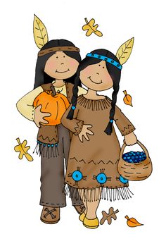 two native american girls with pumpkins and leaves