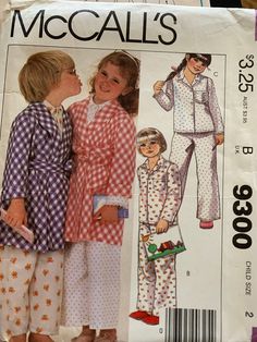 McCall's #9300 Kids Size 2 (ex-small) EASY Beginner Sew Pattern Robe has shawl collar, pockets, belt with loops. Sleeves turn up. Buttoned or snapped pajama top . Pants with elastic waistline casing. 15 Pieces In original package with instructions and measurements included in English Shipped First Class for best price no tracking provided Pajamas Robe, Mccalls Patterns Vintage, Vintage Pajamas, Pajama Pattern, Childrens Sewing Patterns, Girls Robes, Pants Sewing Pattern, Winter Pajamas, Mccalls Sewing Patterns