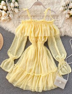 Lovely tulle long sleeve dress Fabric: blended Color: yellow, white, blue, black Size(cm): free size length 86 bust 84-98 waist 54-70 Off Shoulder Short Dress, Elastic Waist Dress, Dress Spaghetti, Really Cute Outfits, Teen Fashion Outfits, Waist Dress, Cute Casual Outfits, Short Dress, Pretty Dresses