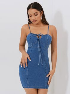 Medium Wash Casual  Sleeveless Denim Plain Bodycon Embellished Medium Stretch  Women Denim Denim Gown, Stretch Denim Knee-length Mini Dress, Fitted Denim Dress From Forever 21, Fitted Mini-length Denim Dress With Buttons, Fitted Denim Dress With Buttons, Mini Length, Jeans Gown, Denim Bodycon Dress, Fitted Denim Dress With Zipper Closure, Mini Length, African Print Dress Ankara