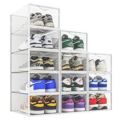 a display case filled with lots of pairs of shoes on top of eachother