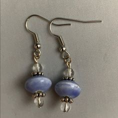 Handmade By Me, Oval Blue Glass And Round Clear Bead Earrings, Accented In Silver. Posts Are Silver And Hypoallergenic. Earrings Are 1 1/2” Long. Blue Beaded Earrings For Everyday, Handmade Silver Beaded Glass Earrings, Silver Glass Bead Round Earrings, Silver Beaded Earrings With Round Glass Beads, Adjustable Silver Glass Beaded Earrings, Everyday Hypoallergenic Silver Beaded Earrings, Blue Hypoallergenic Glass Jewelry, Hypoallergenic Blue Glass Jewelry, Chip Bead Jewelry