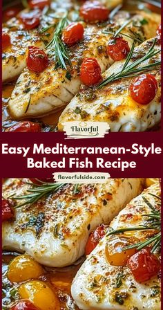 baked fish with tomatoes and herbs in a pan