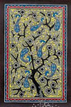 an intricately decorated tree with blue and yellow birds on it's branches, surrounded by leaves