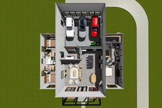 an overhead view of a house with two cars parked in the garage and one bedroom on the second floor