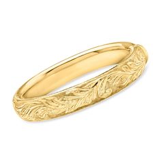 Ross-Simons - Italian 14kt Yellow Gold Florentine-Style Bangle Bracelet. 7.5". Masterfully crafted in Italy, this rich 14kt yellow gold bangle features an elegantly etched Florentine-style design. Classic and refined with distinct artisanal flair, this is an heirloom-quality bracelet you'll be thrilled to wear for years to come. Textured and polished finishes. Hinged. Box clasp, 14kt yellow gold Florentine-style bangle bracelet. Elegant 14k Gold Bracelets With Decorative Band, Elegant Bracelet With Decorative Band For Anniversary, Gold Bracelet With Decorative Band For Anniversary, Classic Bracelets With Decorative Band As Gift, Formal Yellow Gold Bracelet With Decorative Band, Yellow Gold Bangle With Decorative Band, Yellow Gold Bangle Bracelet With Decorative Band, Classic Formal Bracelets With Decorative Band, Yellow Gold Oval Jewelry With Decorative Band