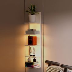 a white shelf filled with books next to a wall mounted plant on top of it