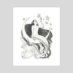 a drawing of a mermaid sitting on the moon with stars in her hair and holding a star