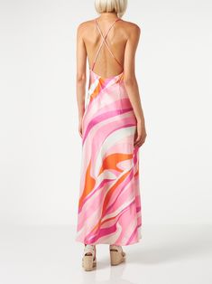 Satin slip dressShape wave all over print on pink and orange backclothRegular fitComposition: 100% viscose. Pink Abstract Print Maxi Dress For Summer, Pink Maxi Dress With Abstract Print For Summer, Pink V-neck Dress With Abstract Print, Pink Maxi Dress With Abstract Print, Pink Midi-length Bias Cut Slip Dress, Pink Bias Cut Midi Dress, Pink Silk Slip Dress With Bias Cut, Pink Silk V-neck Slip Dress, Pink V-neck Midi Dress With Bias Cut