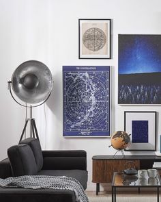 a living room filled with furniture and pictures on the wall above it's coffee table