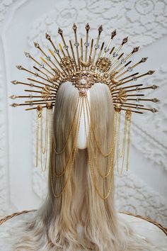 Gold Halo crown is made of filigrees, flowers, beads, lace, chain and glitters. Crown is lightweight, well molded, comfortable to wear. The crown will be a great addition to the Met Gala Evening, Ball, Wedding, Party or Festival. Any skilled photographer will find its use, the crown throws reflections, so it will be a great prop for art photography. :) The crowns from our studio are works of art, each piece is an original made with love and passion. Gold Halo Crown, Halo Headpiece, Festival Headpiece, Flowers Beads, Ball Wedding, Halo Crown, Halo Headband, Headpiece Jewelry, Gold Halo