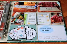 an open scrapbook with pictures and writing on the pages, including children's drawings