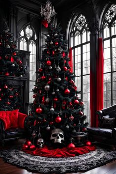 a black and red christmas tree in a living room with skulls on the rugs