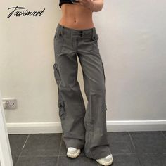 Tavimart Women Denim Cargo Pants Autumn Vintage Harajuku Casual Long Pants Y2K Trousers Solid Packets Straight Sweatpants Y2k Style Full-length Pants With Pockets, Y2k Full Length Pants With Pockets, Baggy Gray Y2k Bottoms, Baggy Y2k Gray Bottoms, Baggy Y2k Style Gray Bottoms, Gray Baggy Y2k Bottoms, Y2k Style Baggy Gray Bottoms, Fitted Y2k Bottoms With Pockets, Y2k Straight Pants With Pockets