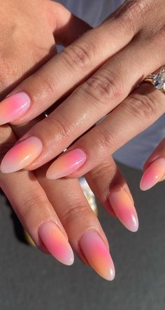 Discover the enchanting world of aura nails with this collection of 30 pretty and dreamy nail art ideas. From soft pink to vibrant blue, purple, green, black, and red, these aesthetic nails will captivate your senses. Whether you prefer almond, square, or oval shapes, there's something for everyone! Plus: aura nails with chrome, short aura nails. (📷 nailsby.syd IG) Summer Nails Without Design, Acrylic Nails For Europe, Nail Inspo For Summer 2024, Blended Nails Designs, Multicolored Aura Nails, Coral Design Nails, Short Almond Nail Inspo Summer, Cute Ways To Paint Your Nails, Cute Almond Summer Nails