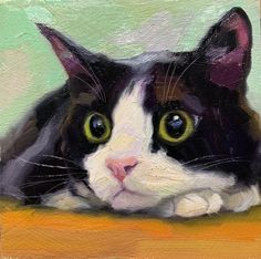 a painting of a black and white cat with green eyes