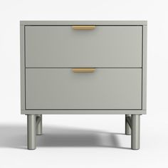 a grey and gold dresser with two drawers on one side, against a white background