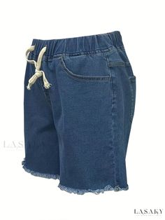 Lasaky - Womens High Stretch Raw Hem Denim Shorts with Drawstring Waistband - Frayed Edge Washed Blue Casual Shorts for Summer and Fall Fall Care, Shorts For Summer, Drawstring Waistband, Summer Shorts, Spring And Fall, Casual Shorts, Denim Shorts, Blue