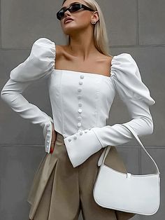 Introducing our Flare and Puff Sleeve Open Shoulder Crop White Blouse - a must-have for any elegant - Golden Atelier Fall Puff Sleeve Tops With Buttons, Fall Long Sleeve Blouse With Pearl Buttons, Long Sleeve Blouse With Pearl Buttons For Fall, Fall Workwear Tops With Pearl Buttons, Winter Blouse With Button Cuffs, Elegant Blouse With Button Closure For Winter, White Buttoned Blouse For Fall, White Tops With Button Cuffs For Winter, Winter White Tops With Button Cuffs