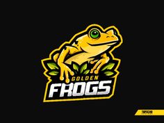 the golden frog logo with leaves on it's head and green eyes is shown