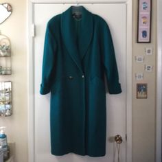 Just Gorgeous, A Deep Teal Color And Wonderful Flattering Details. Euc. Some Wear On One Of The Brass Buttons In Front, Easily Replaced. Otherwise No Flaws That I Can See. Fully Lined, Great Quality. Vintage Green Outerwear For Formal Occasions, Vintage Green Formal Outerwear, Green Fitted Outerwear For Daywear, Coats Vintage, Brass Buttons, Teal Color, Deep Teal, Teal Colors, Trench Coats