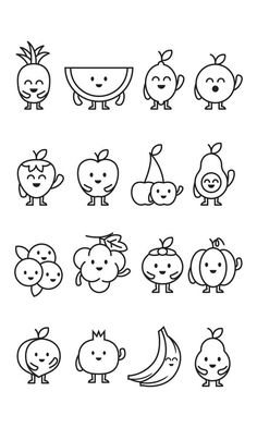 Set Line art Fruits Character Fruits Character, Fruit Line Art, Fruit Character, Fruits Art, Whiteboard Art, Happy Fruit, Image Nails