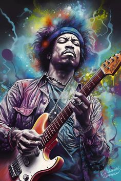 a painting of a man playing an electric guitar