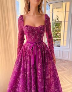 Hot Pink Floor Length Dress, Lace Purple Dress, Magenta Formal Dresses Long, Red And Purple Bridesmaid Dresses, Flowery Dress Aesthetic, Teuta Matoshi Gown, Magenta Gown, Ball Gowns With Sleeves, Long Sleeve Prom Dress