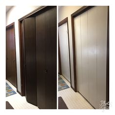 two pictures of the inside of a building with doors and tile flooring on both sides