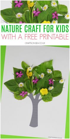 a tree made out of paper with flowers on it and the words nature craft for kids