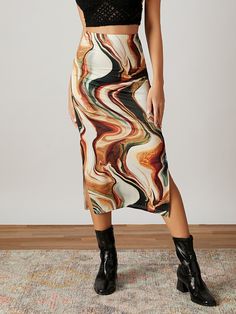 Multicolor Elegant Collar  Fabric Marble Slit Embellished Medium Stretch Summer Women Clothing Marble Skirt, Split Hem Skirt, Unique Skirts, Women Skirts, Dark Wear, Hem Skirt, Marble Print, Split Hem, Women's Casual