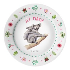 a plate with two koalas on it and the words let market written in pink