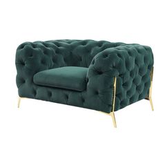 a green velvet chair with gold legs