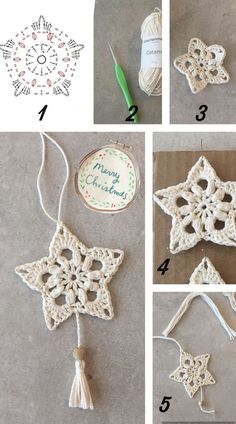 crochet christmas ornaments are shown with instructions for how to make the snowflake ornament