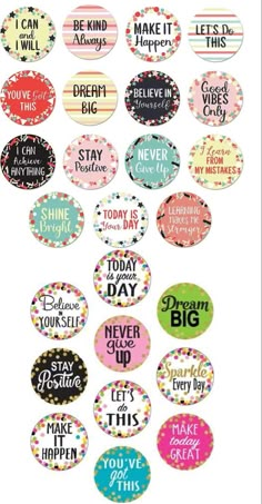 a bunch of badges with words on them