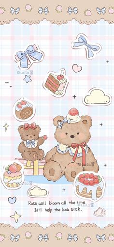 two brown teddy bears sitting next to each other on a blue and white checkered background