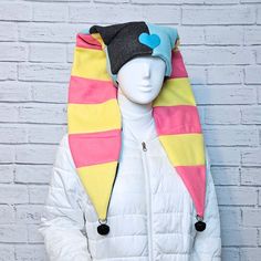 "Orders ship within 2-3 weeks. Striped jester hat styled like Fizzarolli.   Colors are bright pink, yellow, green, teal, and charcoal gray.   Black bells on the ends. Made to order from polyester fleece, so it's warm and soft. Machine washable (remove the bells first). Small fits head sizes 18\" to 20\". Medium fits head sizes 21\" to 24\". Large fits head sizes 25\" to 26\"." Fizzarolli Hat Pattern, Clowncore Outfit, Funky Fits, Clown Accessories, Clown Clothes, Inspo Fits, Jester Hat, Random Crafts, Disney Bags