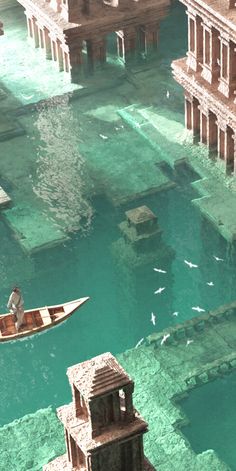 a man in a small boat floating on top of a body of water next to an old building