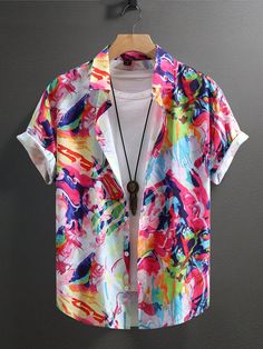 Multicolor Boho Collar Short Sleeve Woven Fabric All Over Print,Random Print Shirt Embellished Slight Stretch Summer Men Clothing Rainbow Shirt Outfit, Colorful Mens Fashion, Queer Shirt, Block Button, Shirt Outfit Men, Button Down Short Sleeve, Rainbow Shirt, Men Plus Size