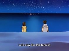 two people standing in the snow looking at the night sky with stars above them and text that reads, let's stay like this forever