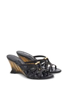 Ferragamo Gancini 70mm Wedge Sandals - Farfetch Black Wedge, Black Wedge Sandals, Slides Sandals, Buckle Sandals, Leather Wedge Sandals, Color Rojo, Brown Sandals, Sandals Black, Salvatore Ferragamo