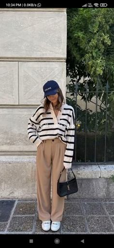 Tan Trousers Outfit Women, Linen Pants Outfit Fall, Cute Casual Work Outfits, Casual Office Outfits, Beige Pants Outfit, Stripe Pants Outfit, Striped Sweater Outfit, Pants Outfit Work, Linen Pants Outfit