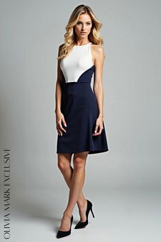 Olivia Mark - Elegant Navy and Ivory Colorblock Cocktail Dress Understated Luxury, Navy Blue Dresses, Flared Skirt, Neck Strap, Fitted Bodice, Halter Neck, Flare Skirt, Olivia Mark, Navy And White