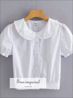 Sun-Imperial Material:COTTON Clothing Length:Short Collar:Peter pan Collar Decoration:Spliced Sleeve Length(cm):Short Sleeve Style:Flare Sleeve Style:vintage Fabric Type:Broadcloth Pattern Type:Solid sun-imperial8600 Size Cross Shoulder(cm) Chest Width(cm) Sleeve(cm) Waist(cm) length(cm) S 34 88 19 68 45 M 35 92 20 72 46 L 36 96 21 76 47 Sizing advice :Most items run small ( discluding swimsuits and shoes) - If you are not sure which size will work best for you - You can email us via info.sunimp Vintage Collar Blouse, Peterpan Collar Kurti, Dora Buji, Imperial Fashion, Aesthetic Galaxy, Kids Blouse Designs, White Short Sleeve Blouse, Latest Model Blouse Designs, Peter Pan Collar Blouse