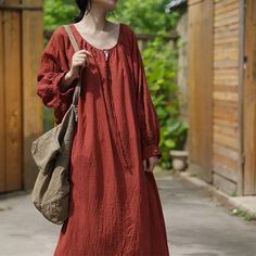 Linen Maxi Dress with Pockets - Loose Fit Women's Robe Cotton Maxi Dress For Fall Beach, Cotton Maxi Dress For Fall Beach Outings, Cotton Maxi Dress For Beach In Fall, Casual Linen Maxi Dress For Daywear, Casual Maxi Length Linen Dress For Daywear, Cotton Maxi Dress For Fall Vacation, Fall Vacation Cotton Maxi Dress, Peasant Style Linen Dress For Spring, Casual Linen Maxi Dress For Fall