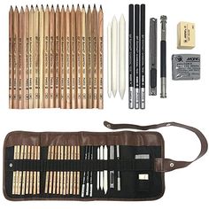 an assortment of pencils, pens and sharpener in a leather case on a white background